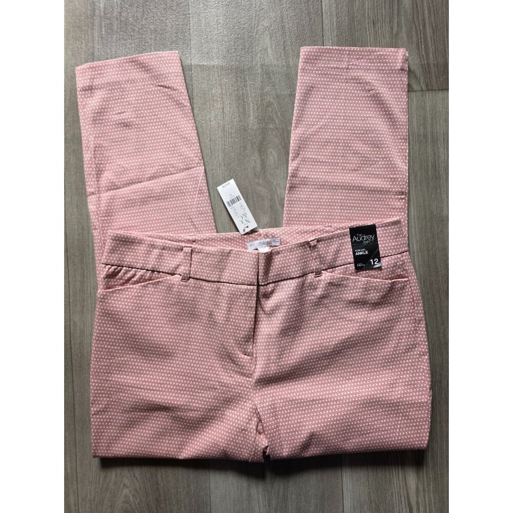 New York & Company Audrey Pant Slim Leg Ankle Size 12 Pink Polka Dot